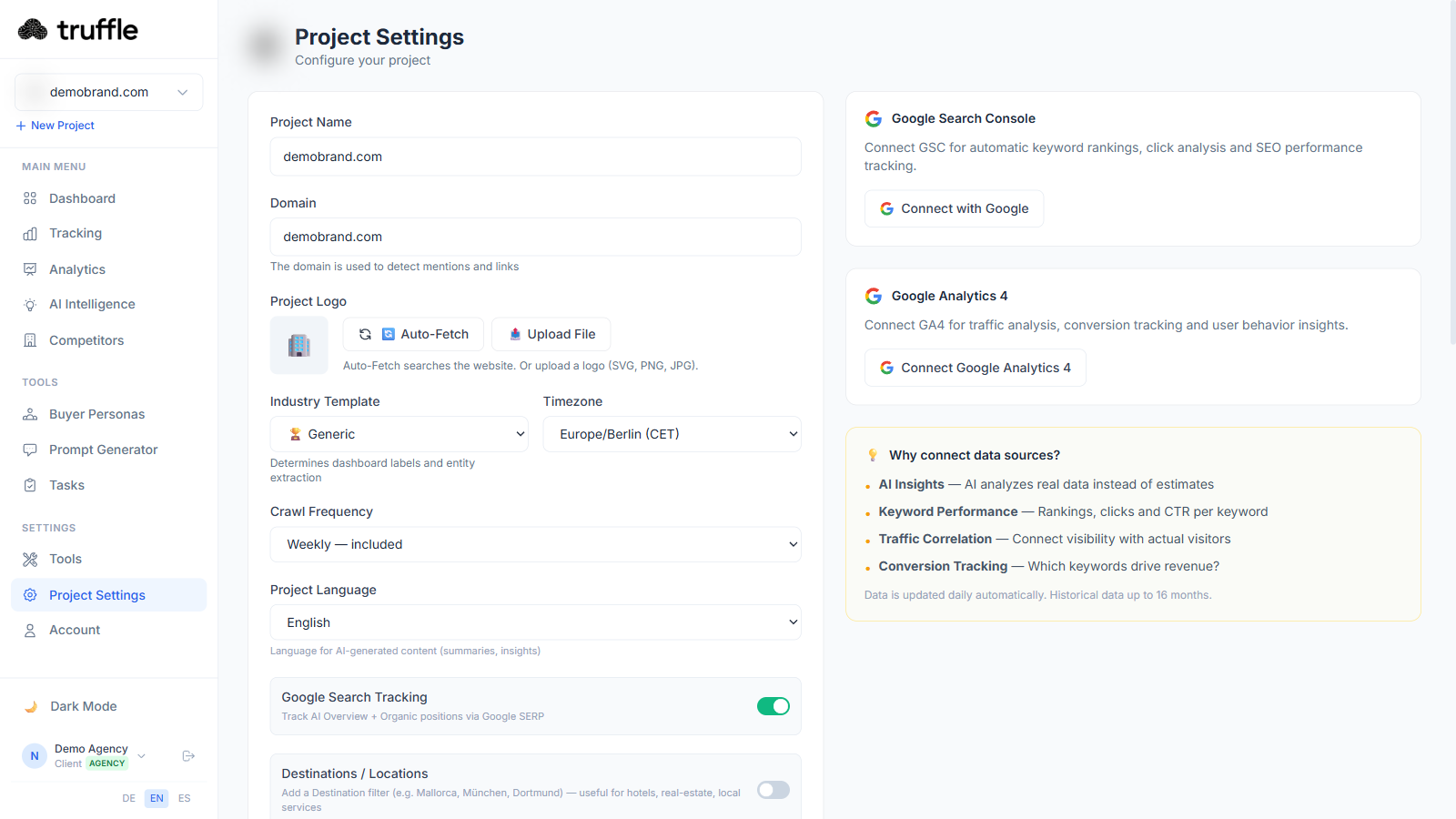 Truffle Project Settings with native GSC and GA4 connectors