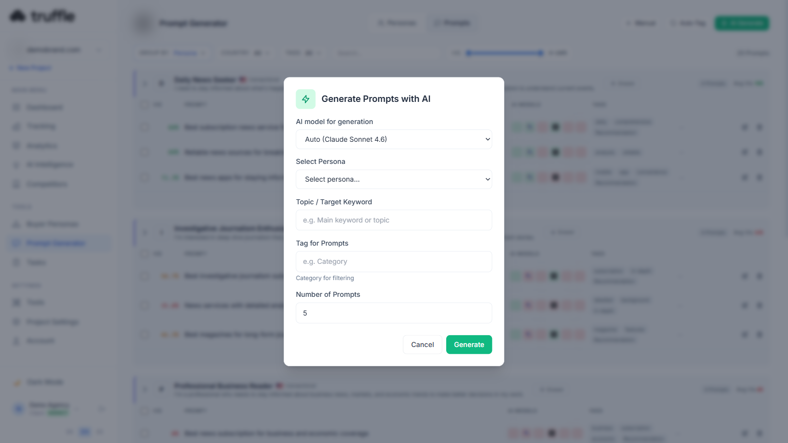 Truffle AI Generate modal with 10-model selector