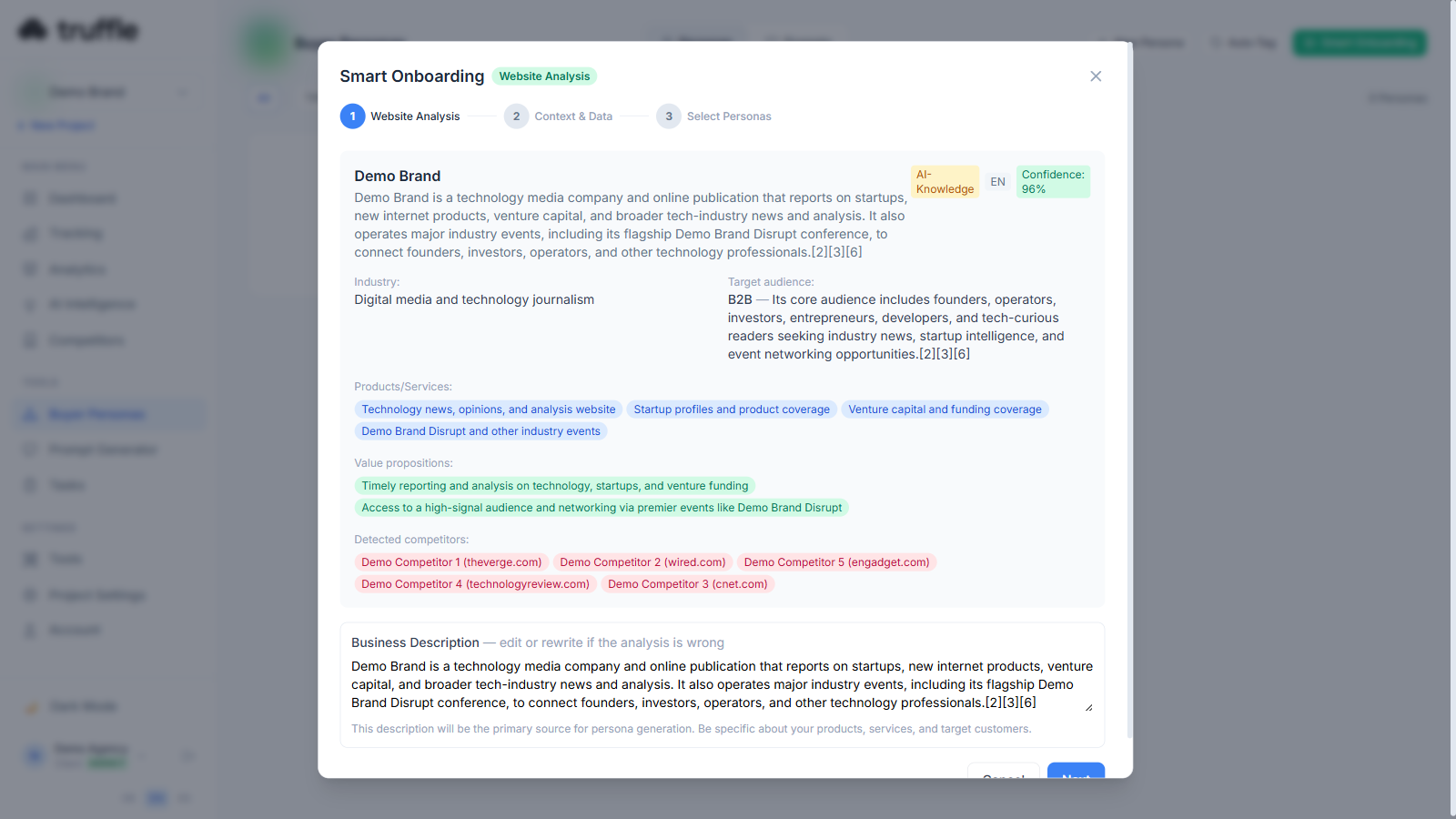 Truffle Smart Onboarding wizard with web analysis for GEO setup