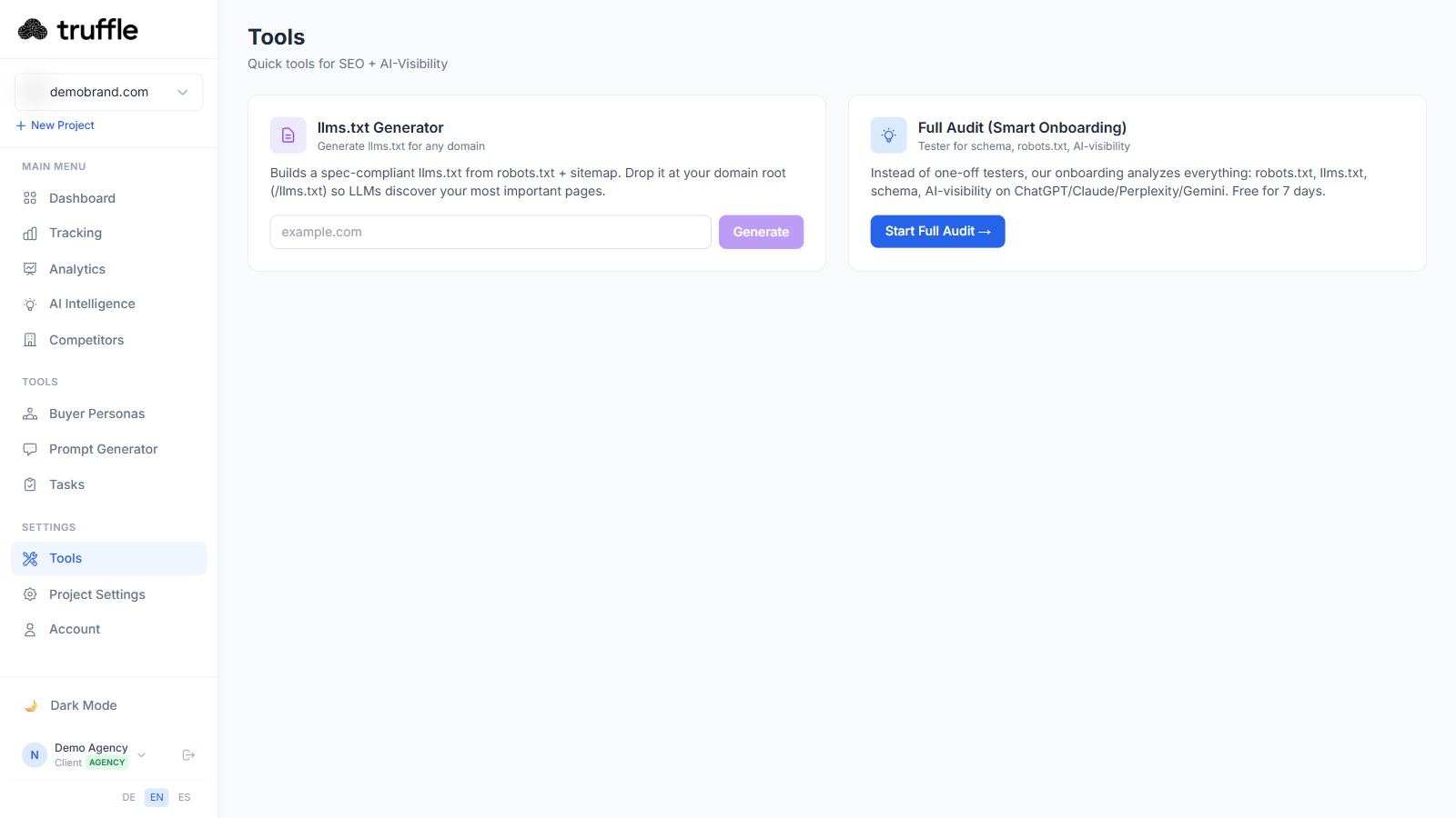 Truffle Tools section with llms.txt Generator and Full Audit