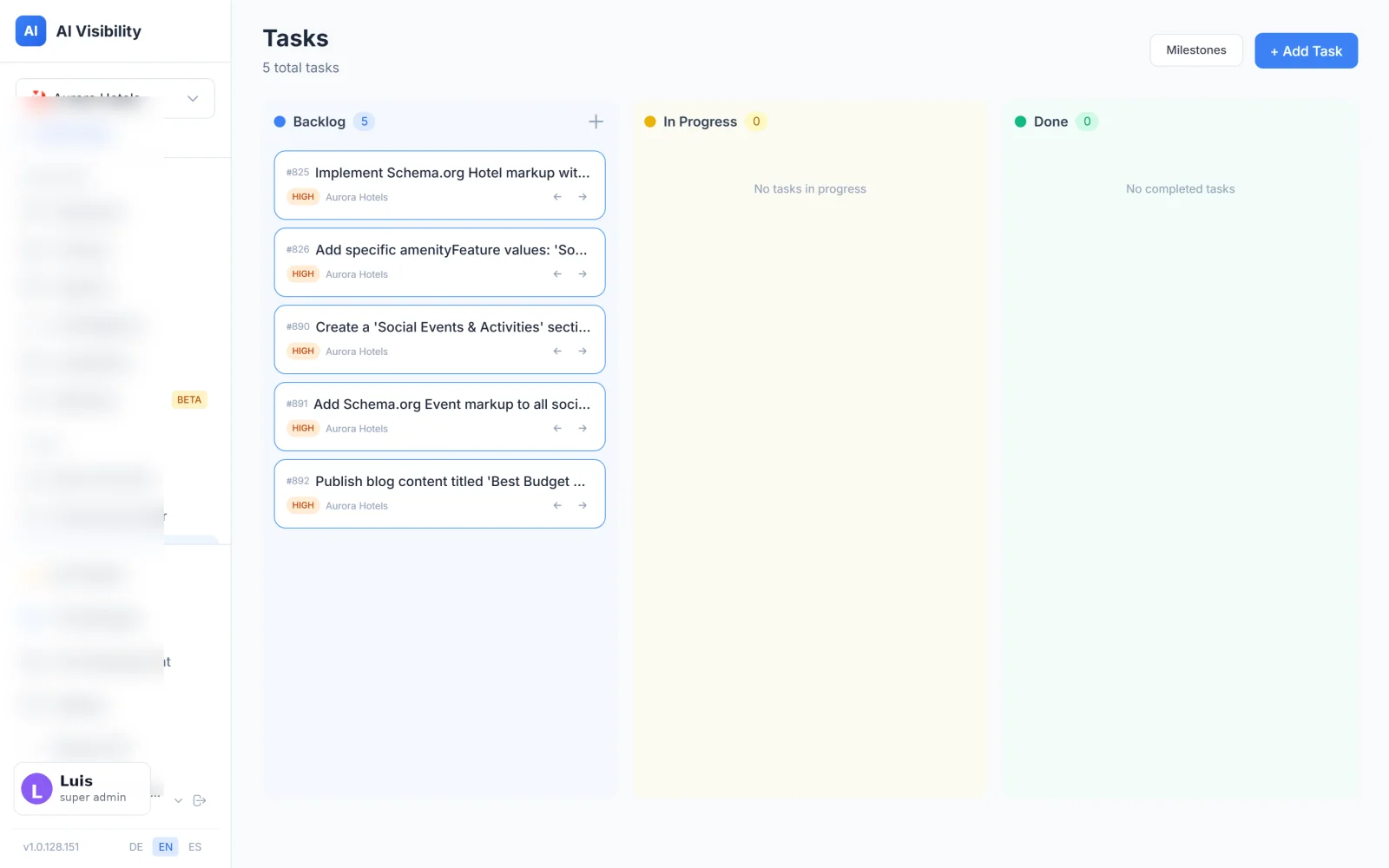 Truffle Tasks Kanban — startup-sized backlog with priority pills